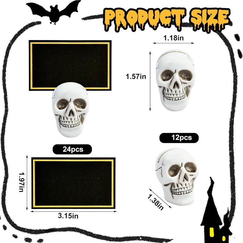 Waybas 12pcs Halloween Skull Place Card Holders with 24 Cards, Skeleton Table Number Name Card Holder Gothic Photo Stands Display Centerpieces Halloween Table Setting Decor for Scary Birthday Wedding Party - Image 2