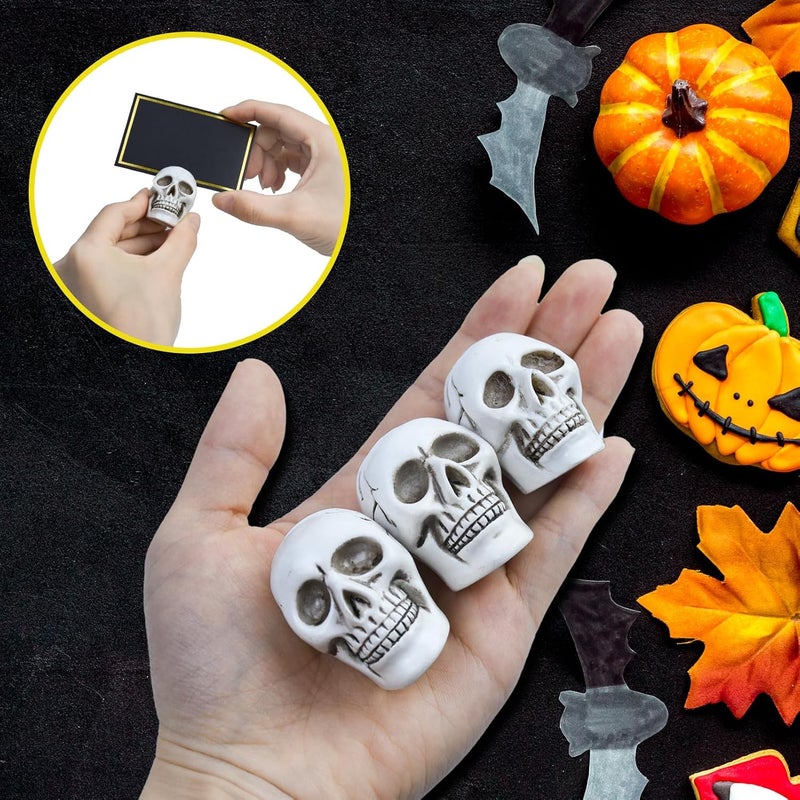 Waybas 12pcs Halloween Skull Place Card Holders with 24 Cards, Skeleton Table Number Name Card Holder Gothic Photo Stands Display Centerpieces Halloween Table Setting Decor for Scary Birthday Wedding Party - Image 3