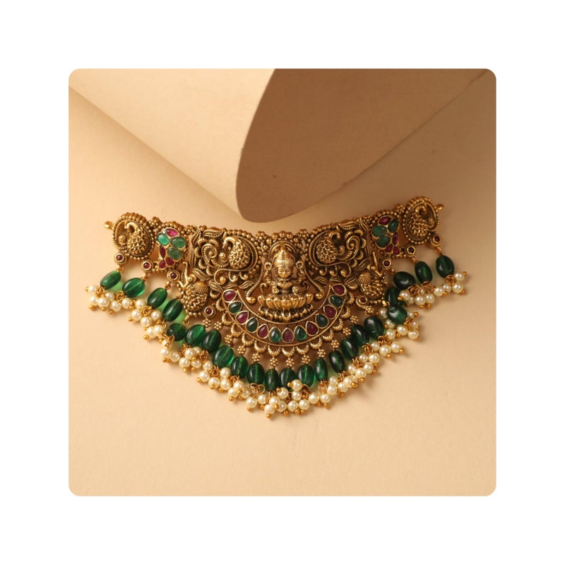 TARINIKA Brass Indian Choker Necklace Set - Gold Plated Cubic Zirconia Indian Jewelry Sets for Women Dangle, Drop, Jhumka Earrings Traditional Desi Necklace Pearls Gift for her (Sreeja Antique) - Image 1