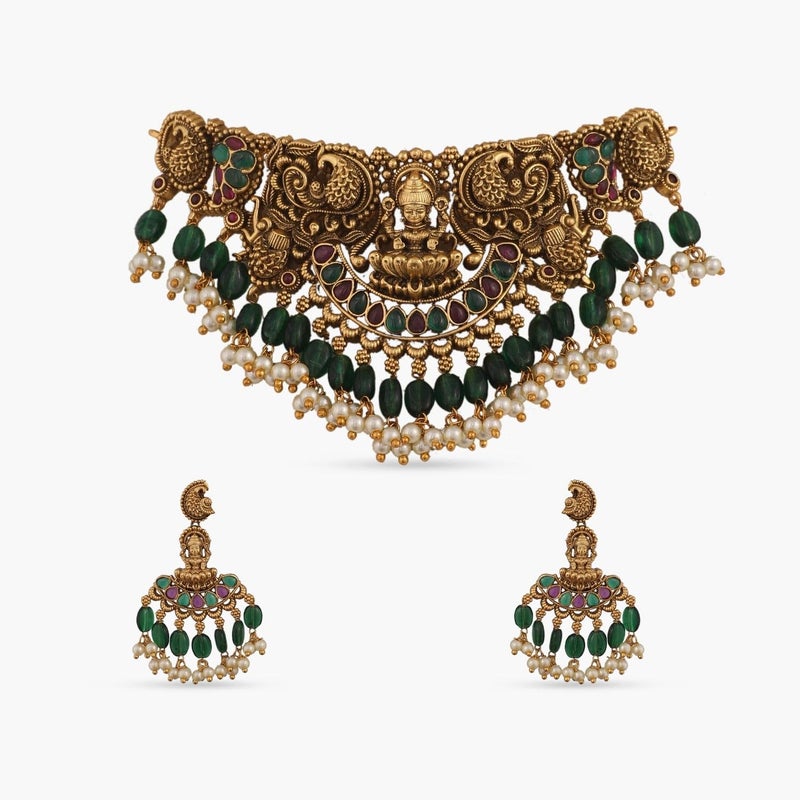 TARINIKA Brass Indian Choker Necklace Set - Gold Plated Cubic Zirconia Indian Jewelry Sets for Women Dangle, Drop, Jhumka Earrings Traditional Desi Necklace Pearls Gift for her (Sreeja Antique) - Image 4