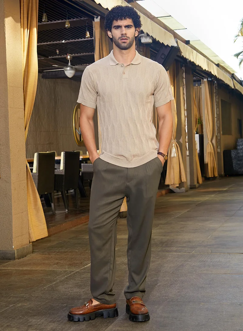 كامبوس سوترا Men's Camel Beige Webbing-Tactile Polo T-Shirt