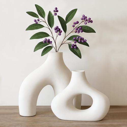 PUREZENTO Abstract White Ceramic Donut Vase 5.4 & 7.7 Inch - Set of 2 | Decorative Unique Modern Vase for Dried Flowers & Pampas Grass | Vases for Modern Home Decor, Living Room, Office Decor Ideas - Image 1