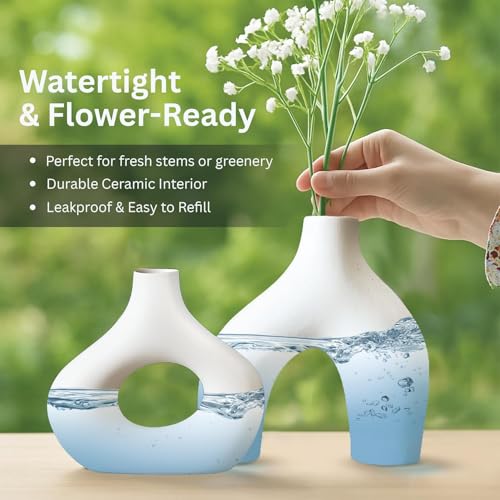 PUREZENTO Abstract White Ceramic Donut Vase 5.4 & 7.7 Inch - Set of 2 | Decorative Unique Modern Vase for Dried Flowers & Pampas Grass | Vases for Modern Home Decor, Living Room, Office Decor Ideas - Image 3