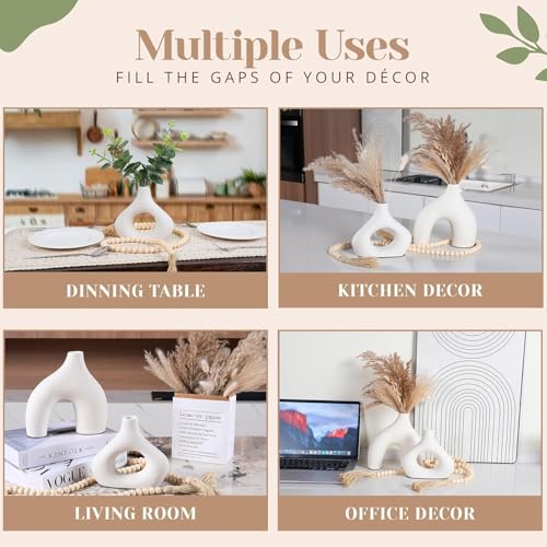 PUREZENTO Abstract White Ceramic Donut Vase 5.4 & 7.7 Inch - Set of 2 | Decorative Unique Modern Vase for Dried Flowers & Pampas Grass | Vases for Modern Home Decor, Living Room, Office Decor Ideas - Image 5