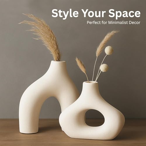 PUREZENTO Abstract White Ceramic Donut Vase 5.4 & 7.7 Inch - Set of 2 | Decorative Unique Modern Vase for Dried Flowers & Pampas Grass | Vases for Modern Home Decor, Living Room, Office Decor Ideas - Image 4