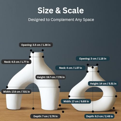 PUREZENTO Abstract White Ceramic Donut Vase 5.4 & 7.7 Inch - Set of 2 | Decorative Unique Modern Vase for Dried Flowers & Pampas Grass | Vases for Modern Home Decor, Living Room, Office Decor Ideas - Image 2