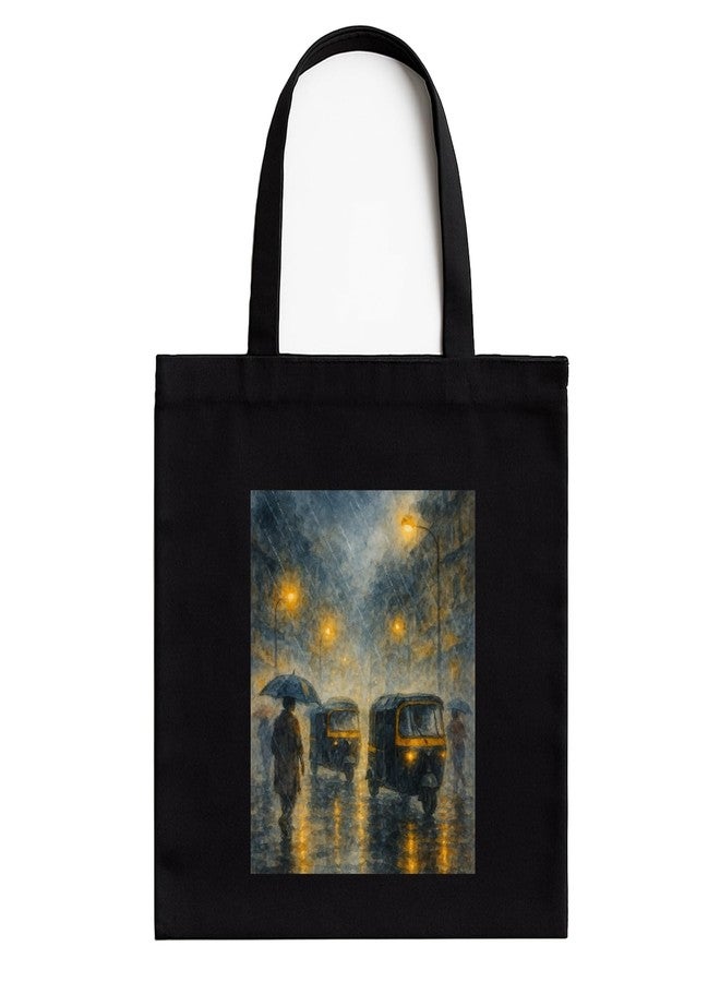 Megrok Monsoon Painting Art Tote Bag for Women | Front A4 Size Printed Pocket | 16x14 Inch Weather-Themed Cotton Bag | Water-Resistant Rainy Day Essential - Image 1