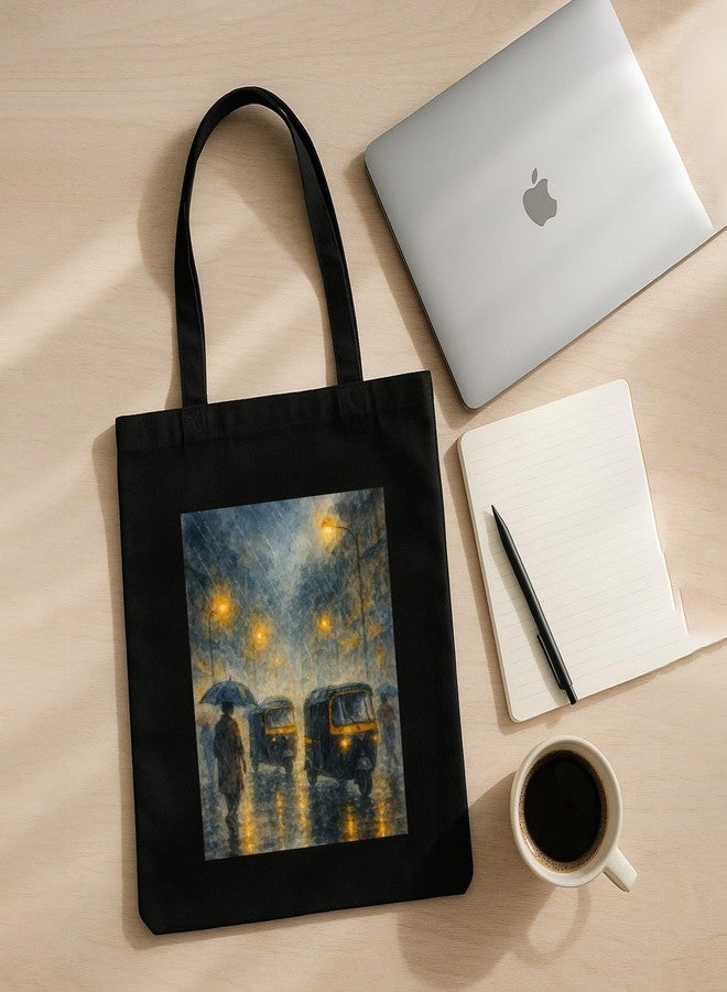 Megrok Monsoon Painting Art Tote Bag for Women | Front A4 Size Printed Pocket | 16x14 Inch Weather-Themed Cotton Bag | Water-Resistant Rainy Day Essential - Image 5