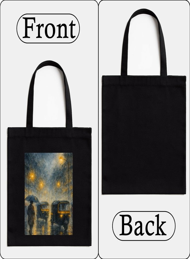 Megrok Monsoon Painting Art Tote Bag for Women | Front A4 Size Printed Pocket | 16x14 Inch Weather-Themed Cotton Bag | Water-Resistant Rainy Day Essential - Image 4