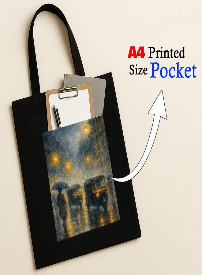 Megrok Monsoon Painting Art Tote Bag for Women | Front A4 Size Printed Pocket | 16x14 Inch Weather-Themed Cotton Bag | Water-Resistant Rainy Day Essential - Image 3
