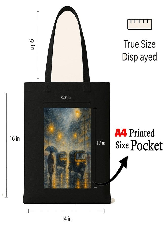 Megrok Monsoon Painting Art Tote Bag for Women | Front A4 Size Printed Pocket | 16x14 Inch Weather-Themed Cotton Bag | Water-Resistant Rainy Day Essential - Image 2