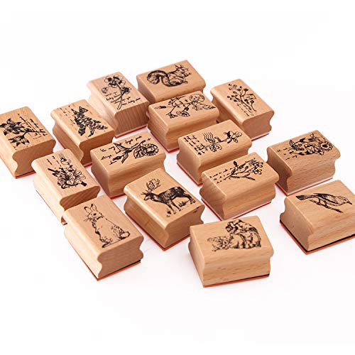 Co-link 15pcs Wooden Rubber Stamps Animals and Plants Patterns Stamps Set for DIY Craft Card Scrapbooking Supplies - Image 1
