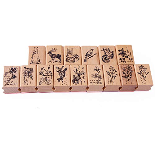 Co-link 15pcs Wooden Rubber Stamps Animals and Plants Patterns Stamps Set for DIY Craft Card Scrapbooking Supplies - Image 2