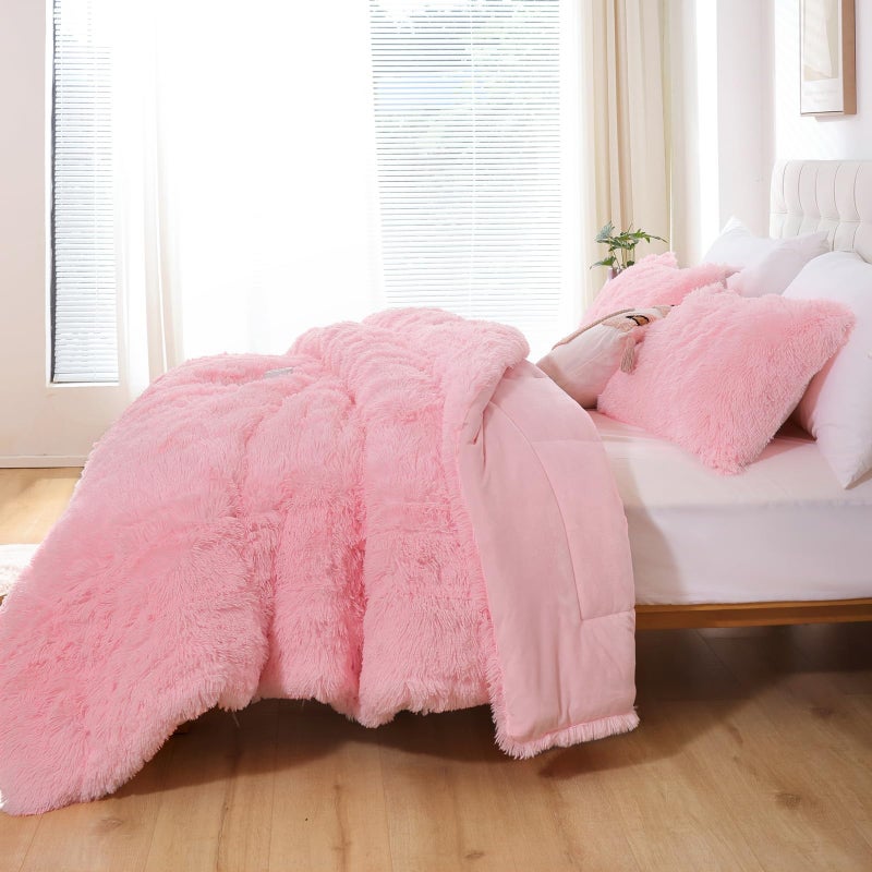 Smoofy Fluffy Full Size Comforter Set, Faux Fur Pink Comforter Set, Luxury Fuzzy Bedding Set, Soft Shaggy Full Bed Set for All Season, 3 Pieces - 1 Comforter & 2 Pillowcases - Image 3