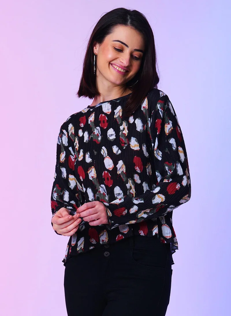 جلو باص بلوزة نسائية مستديرة الرقبة بأكمام طويلة بطبعة حوارية من جلوبس