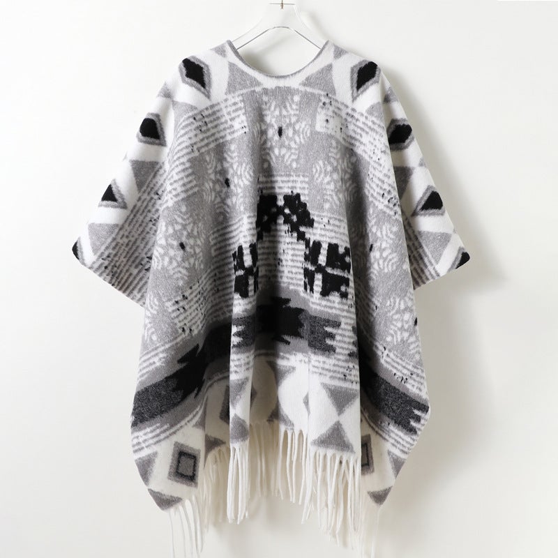New Geometric Snowflake Autumn and Winter Double-Sided Shawl for Men and Women, Imitation Cashmere High-End Warm Tassel Scarf Cloak - Image 3