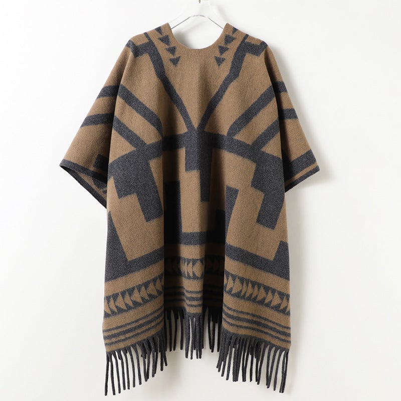 New Geometric Snowflake Autumn and Winter Double-Sided Shawl for Men and Women, Imitation Cashmere High-End Warm Tassel Scarf Cloak - Image 5