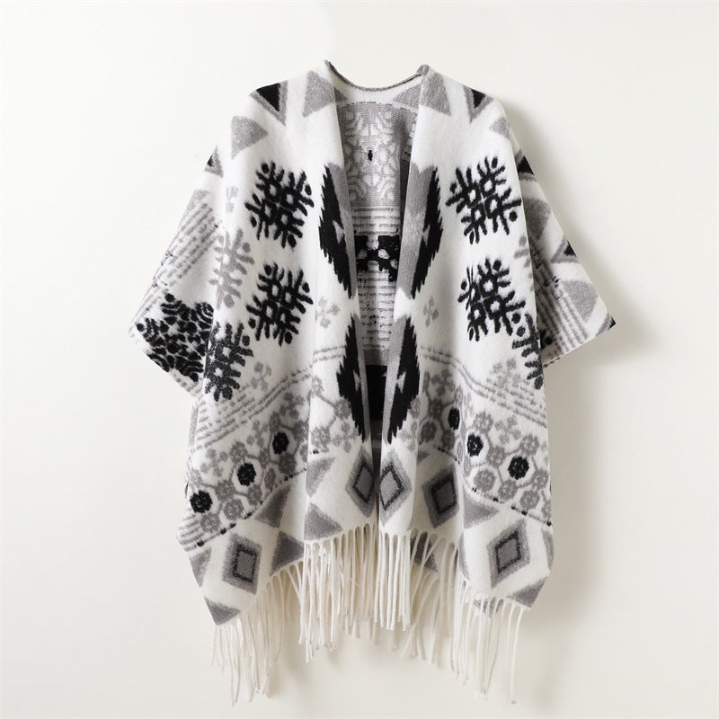 New Geometric Snowflake Autumn and Winter Double-Sided Shawl for Men and Women, Imitation Cashmere High-End Warm Tassel Scarf Cloak - Image 2