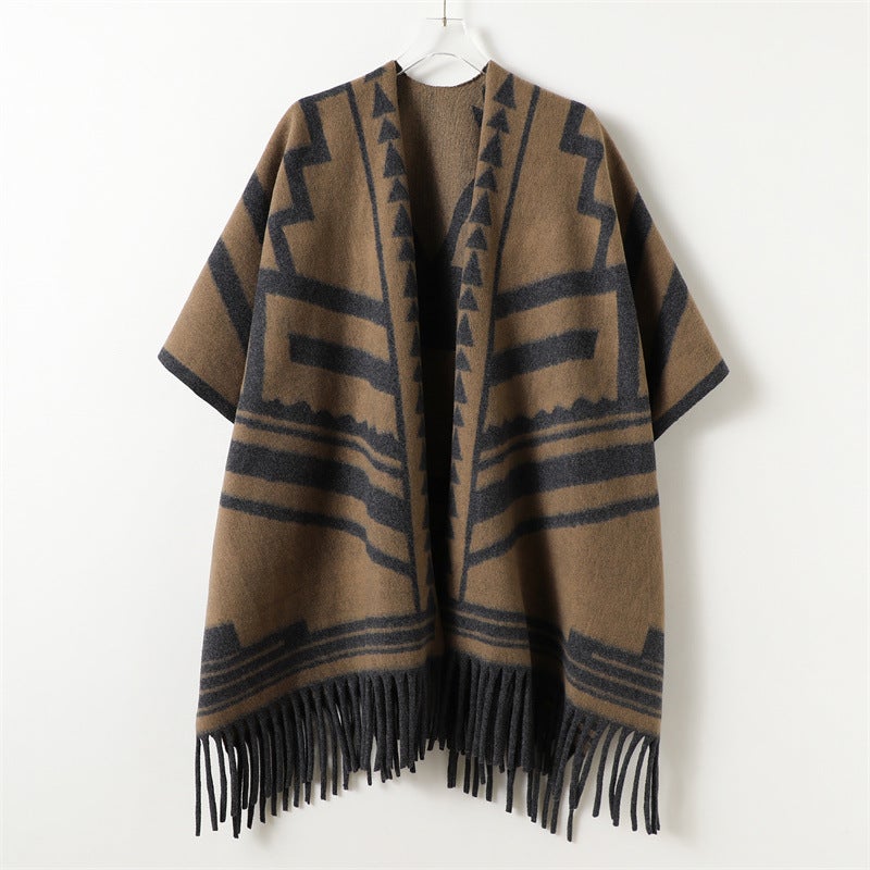 New Geometric Snowflake Autumn and Winter Double-Sided Shawl for Men and Women, Imitation Cashmere High-End Warm Tassel Scarf Cloak - Image 1