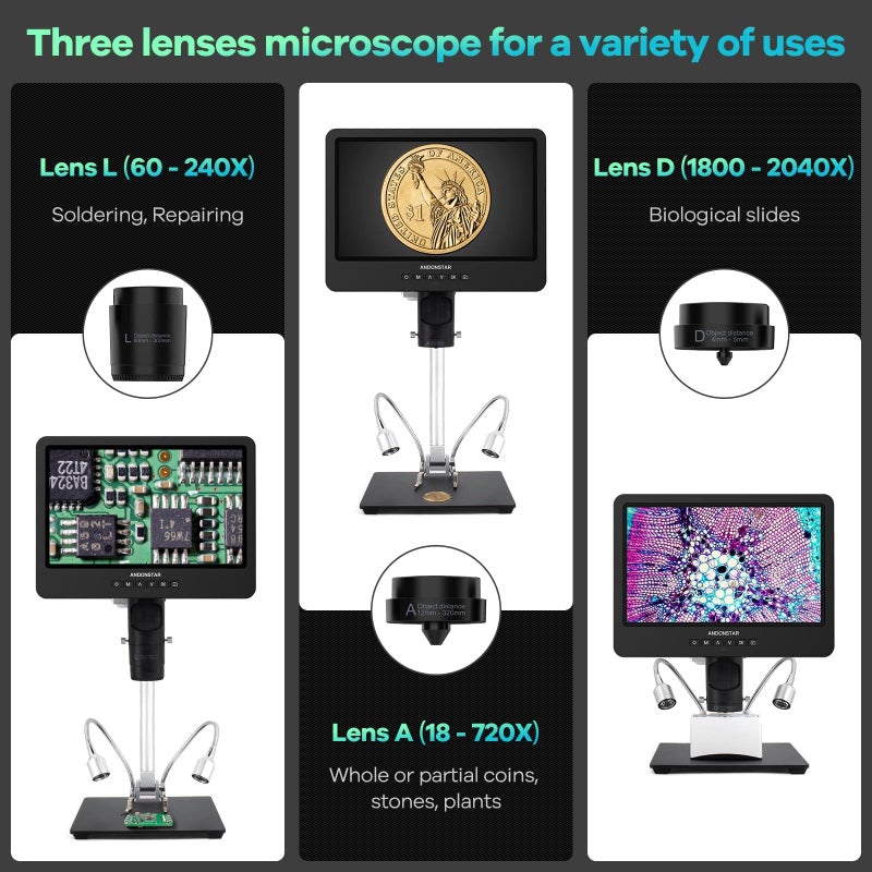 Andonstar AD249S-M 10.1 Inch HDMI Digital Coin Microscope 2000x for Adults, 3 Lens 2160P UHD Video Record, Soldering / Biological Microscope Kit with 32G Card, Windows Compatible - Image 2