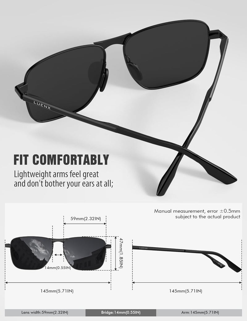 LUENX Rectangular Polarized Aviator Sunglasses for Men Retro Pilot Shades Driving UV400 Protection - Image 5
