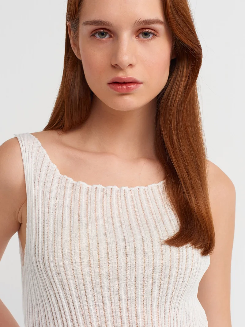 Dilvin 10560 Boat Neck Ribbed Transparent Knitwear Blouse-Ecru