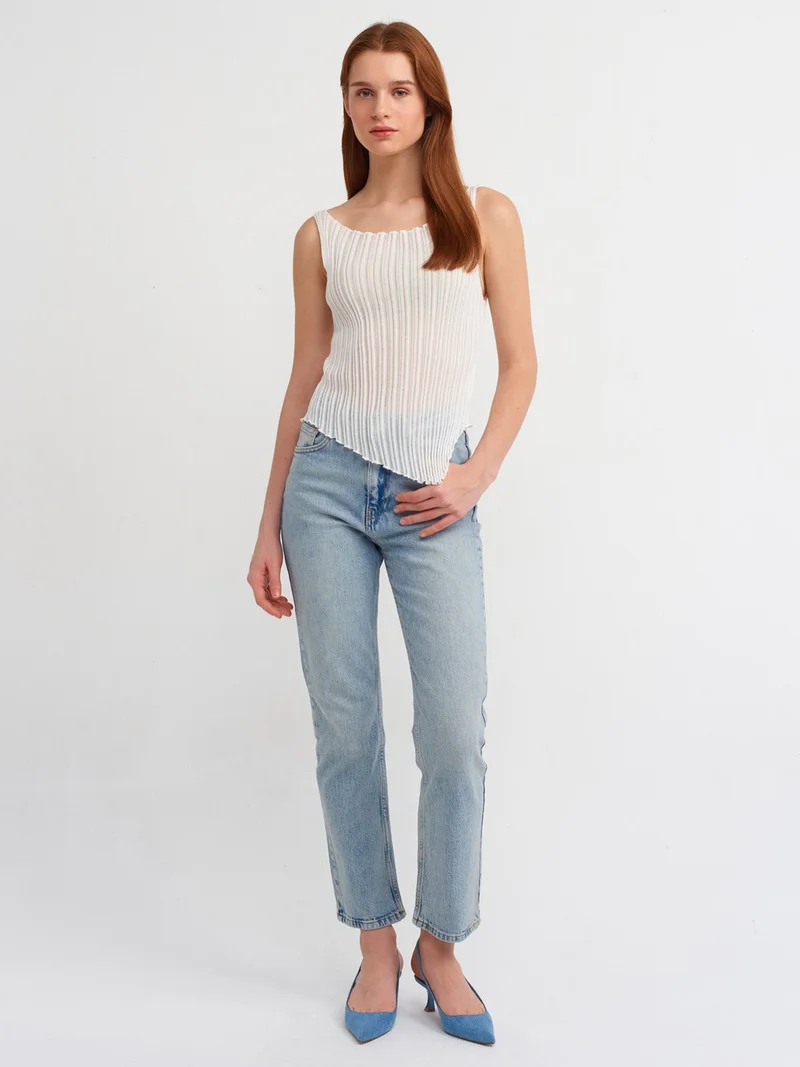 Dilvin 10560 Boat Neck Ribbed Transparent Knitwear Blouse-Ecru