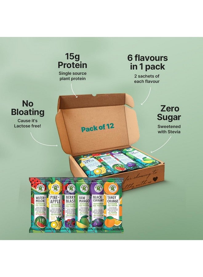 GREEN PROTEIN بروتين أخضر مسحوق بروتين البازلاء المعزول خالي من الألبان والغلوتين والمواد المسببة للحساسية وفول الصويا بنكهة الأناناس، الكشمش الأسود، انفجار التوت، البطيخ، المانجو الخام والبرتقال، 6 نكهات × 2 كيس، عبوة من 12، 23 جرام لكل منها - Image 2