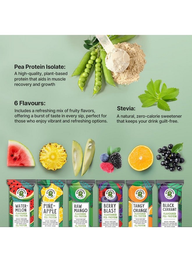 GREEN PROTEIN بروتين أخضر مسحوق بروتين البازلاء المعزول خالي من الألبان والغلوتين والمواد المسببة للحساسية وفول الصويا بنكهة الأناناس، الكشمش الأسود، انفجار التوت، البطيخ، المانجو الخام والبرتقال، 6 نكهات × 2 كيس، عبوة من 12، 23 جرام لكل منها - Image 3