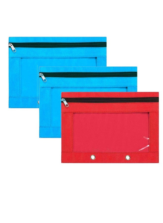 Lify 2 Rings Binder Pencil Pouch, Zipper Pencil Pouches,Canvas Fabric Pencil Pouches, Zippered Pencil Cases with Clear Window for Office School Supplies, 3 Pack (Blue 2Pcs & Red 1Pcs) - Image 1