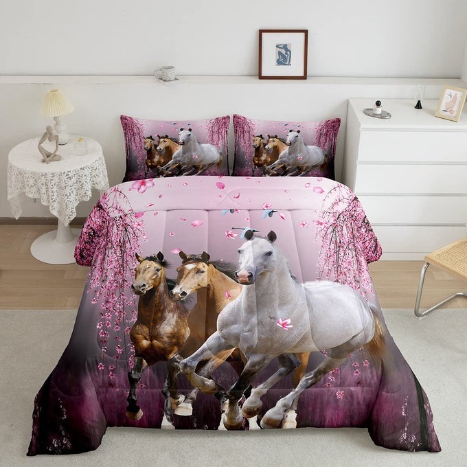 BOYS HORSE TWIN SIZE COMFORTER SET CHERRY BLOSSOM BRANCHES STEED KIDS BEDDING SET FOR GIRLS TEENS GALLOPING HORSE COMFORTER 3D WILD ANIMAL DECOR QUILT SET BEDROOM COLLECTION 2PCS