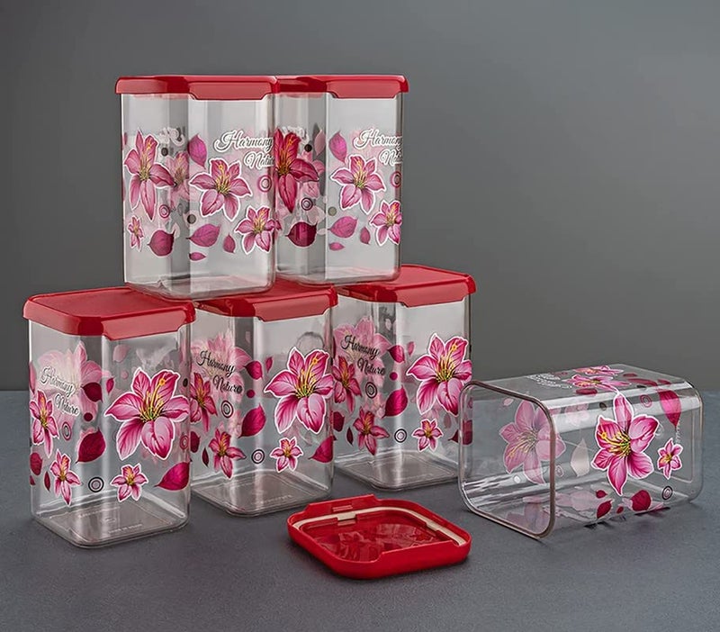HAPPI Multipurpose Unbreakable Plastic Modular Transparent Square Printed Containers Set For Kitchen Storage Airtight Box Dabba For Spice Masala Box for Kitchen 1100 ml Pack of 6 Pink - Image 2