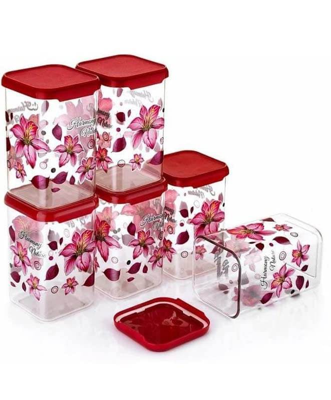HAPPI Multipurpose Unbreakable Plastic Modular Transparent Square Printed Containers Set For Kitchen Storage Airtight Box Dabba For Spice Masala Box for Kitchen 1100 ml Pack of 6 Pink - Image 1