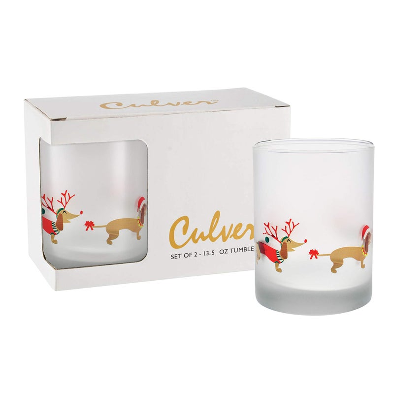 Culver Holiday Decorated Frosted Double Old Fashioned Tumbler Glasses 135Ounce Gift Boxed Set of 2 Snow Dogs