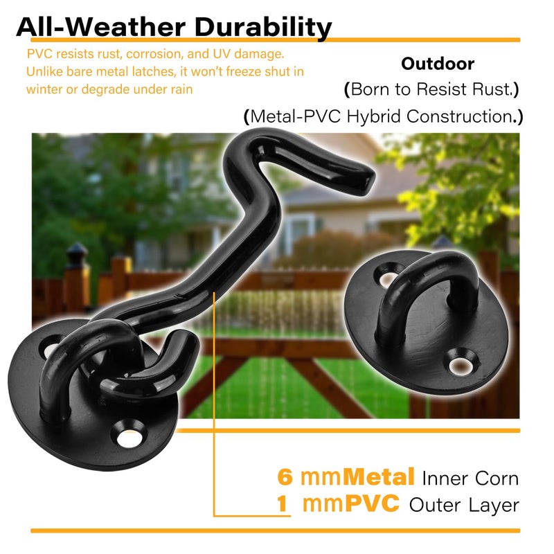 Aucuqu 2 Packs Silent Hook And Eye Latch Lock - Rubber Coated For Doors, Gates, Barns, Windows, Fences With Screws, 4 Inch - Black - Image 4