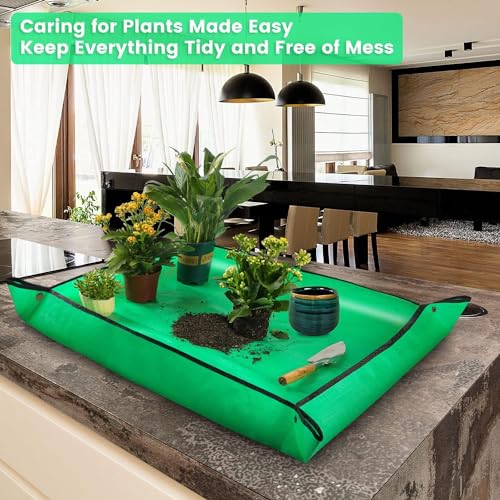 DHVSAM 100*100CM Gardening Mat for Indoor Bonsai Succulent Plant Care Waterproof and Foladable PE Garden Mat for Watering Grassland Balcony Nursery Potting and Transplanting Mat Plant Seedling Green - Image 2