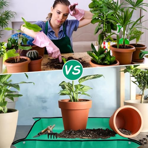 DHVSAM 100*100CM Gardening Mat for Indoor Bonsai Succulent Plant Care Waterproof and Foladable PE Garden Mat for Watering Grassland Balcony Nursery Potting and Transplanting Mat Plant Seedling Green - Image 4