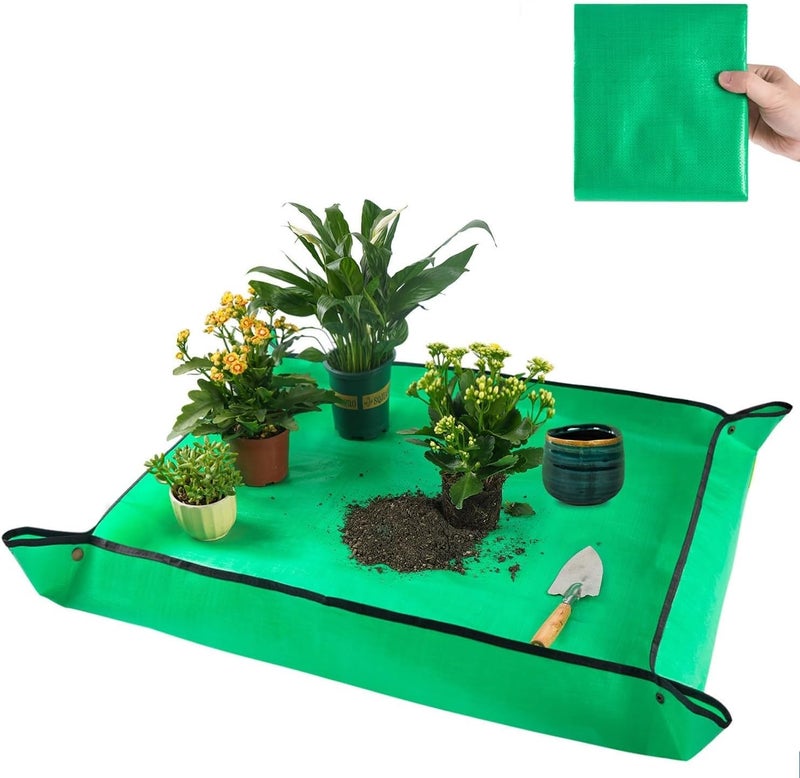 DHVSAM 100*100CM Gardening Mat for Indoor Bonsai Succulent Plant Care Waterproof and Foladable PE Garden Mat for Watering Grassland Balcony Nursery Potting and Transplanting Mat Plant Seedling Green - Image 1