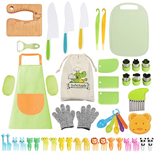 Suhctuptx 50PCS Kids Kitchen Cooking Set - Crocodile Wooden Kid Safe Knife Cutting Board Apron Gloves Fruit Vegetable Crinkle Cutters Peeler Serrated Edges Plastic Toddlers Knives, Kids Knifes for Real Cooking - Image 1