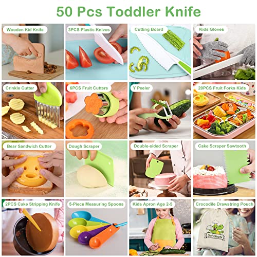 Suhctuptx 50PCS Kids Kitchen Cooking Set - Crocodile Wooden Kid Safe Knife Cutting Board Apron Gloves Fruit Vegetable Crinkle Cutters Peeler Serrated Edges Plastic Toddlers Knives, Kids Knifes for Real Cooking - Image 3