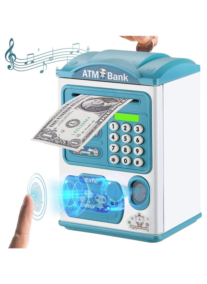 Generic Electronic Piggy Bank for Kids Cash Cartoon ATM Money Saver Bank for Kids with Password,Fingerprint & Music Great Gift Toy for Kids Children (Roof Blue)  - Image 1