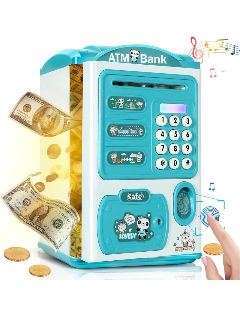 Electronic Piggy Bank for Kids Cash Cartoon ATM Money Saver Bank for Kids with Password,Fingerprint & Music Great Gift Toy for Kids Children (Roof Blue) - Image 1