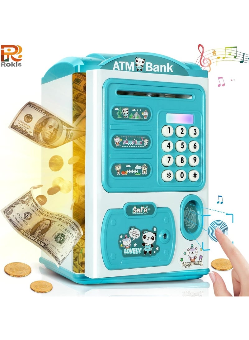 Rokis Electronic Piggy Bank for Kids Cash Cartoon ATM Money Saver Bank for Kids with Password,Fingerprint & Music Great Gift Toy for Kids Children (Roof Blue) - Image 1