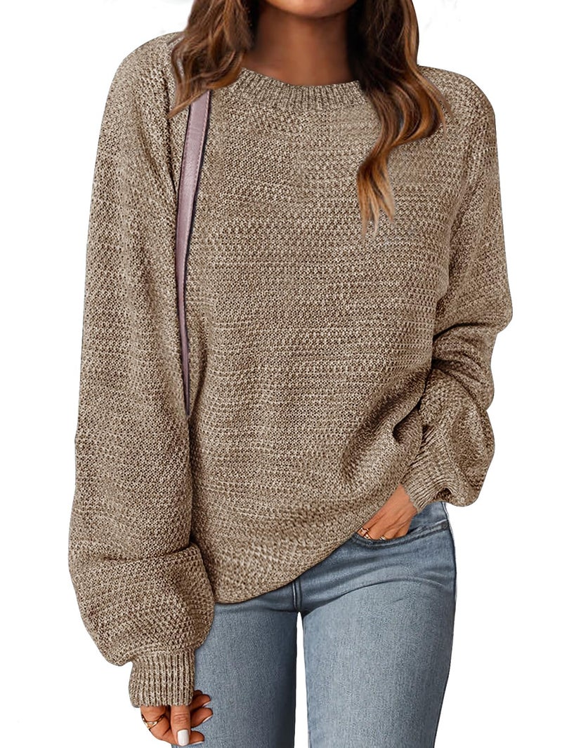 MEROKEETY Women's 2025 Fall Winter Oversized Pullover Sweater Trendy Crew Neck Long Sleeve Heathered Knit Jumper Tops Mocha Large - Image 1
