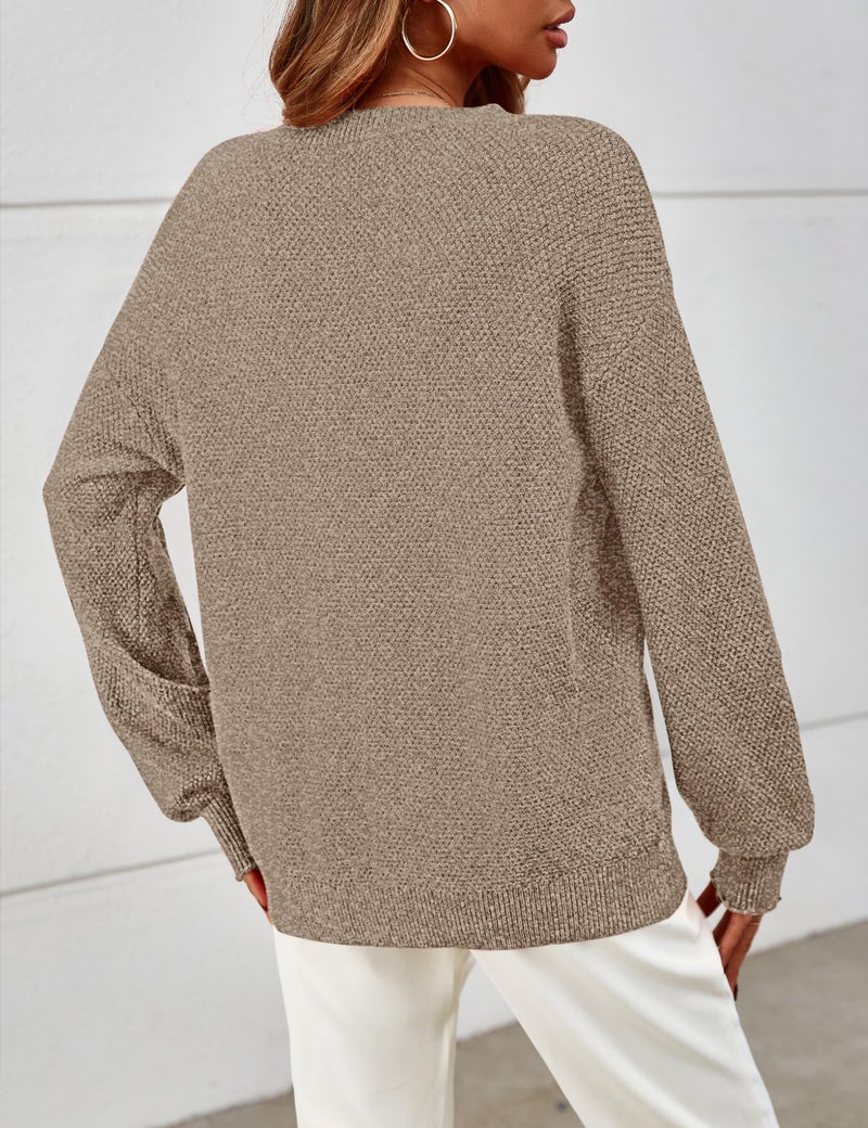 MEROKEETY Women's 2025 Fall Winter Oversized Pullover Sweater Trendy Crew Neck Long Sleeve Heathered Knit Jumper Tops Mocha Large - Image 3