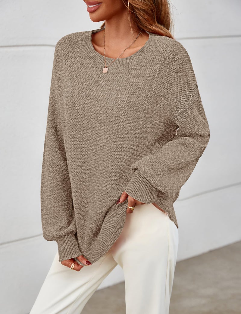 MEROKEETY Women's 2025 Fall Winter Oversized Pullover Sweater Trendy Crew Neck Long Sleeve Heathered Knit Jumper Tops Mocha Large - Image 5