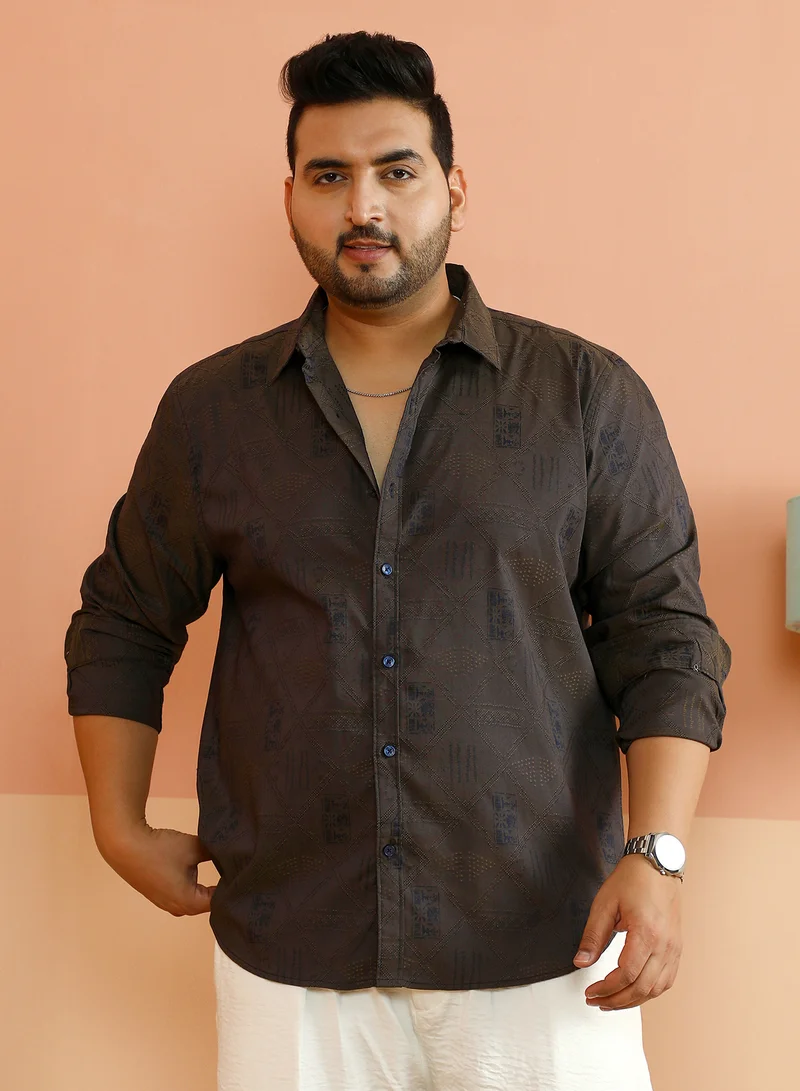 Instafab Plus Instafab Plus Men's Coffee Brown Indie-Folk Print Shirt For Casual Wear | Spread Collar | Long Cuffed Sleeves | Button Closure | Plus Size Shirt Crafted With Comfort Fit For Everyday Wear