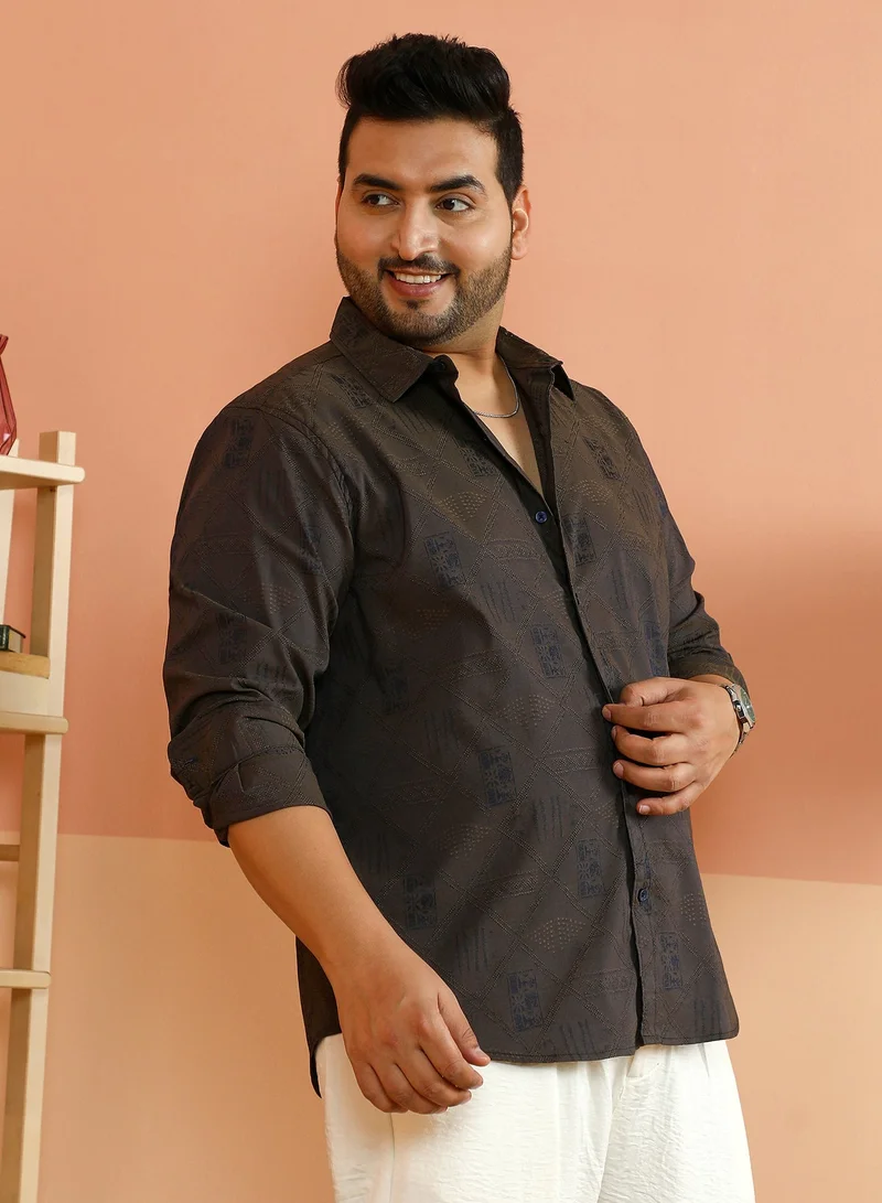 Instafab Plus Instafab Plus Men's Coffee Brown Indie-Folk Print Shirt For Casual Wear | Spread Collar | Long Cuffed Sleeves | Button Closure | Plus Size Shirt Crafted With Comfort Fit For Everyday Wear
