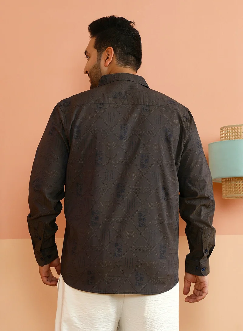 Instafab Plus  Instafab Plus Men's Coffee Brown Indie-Folk Print Shirt For Casual Wear | Spread Collar | Long Cuffed Sleeves | Button Closure | Plus Size Shirt Crafted With Comfort Fit For Everyday Wear for Men | Best Price UAE
