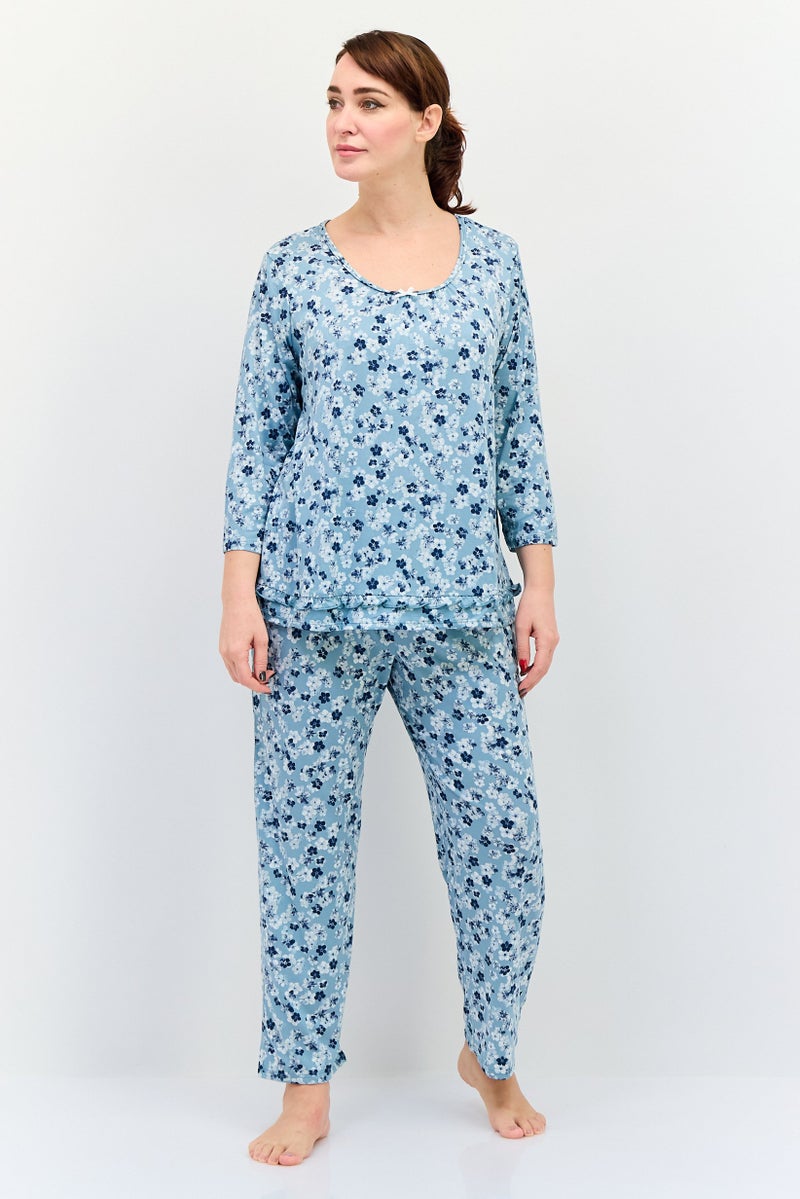 ELLEN TRACY Women 2Pcs Floral Print Top And Pyjamas Sleepwear Set, Multicolor - Image 1